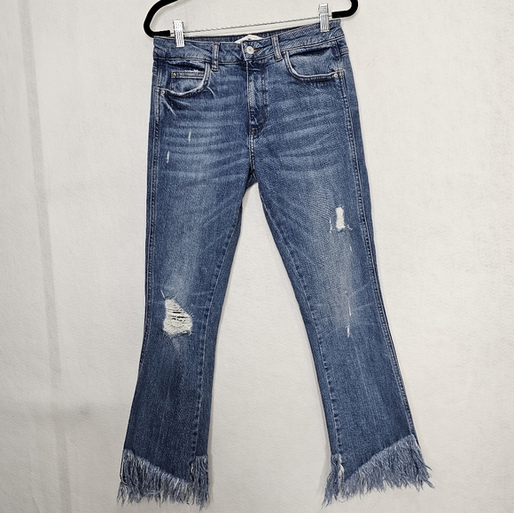 Zara Straight Leg Cropped Fringe Hem Distressed Jeans size 6 - Picture 11 of 11